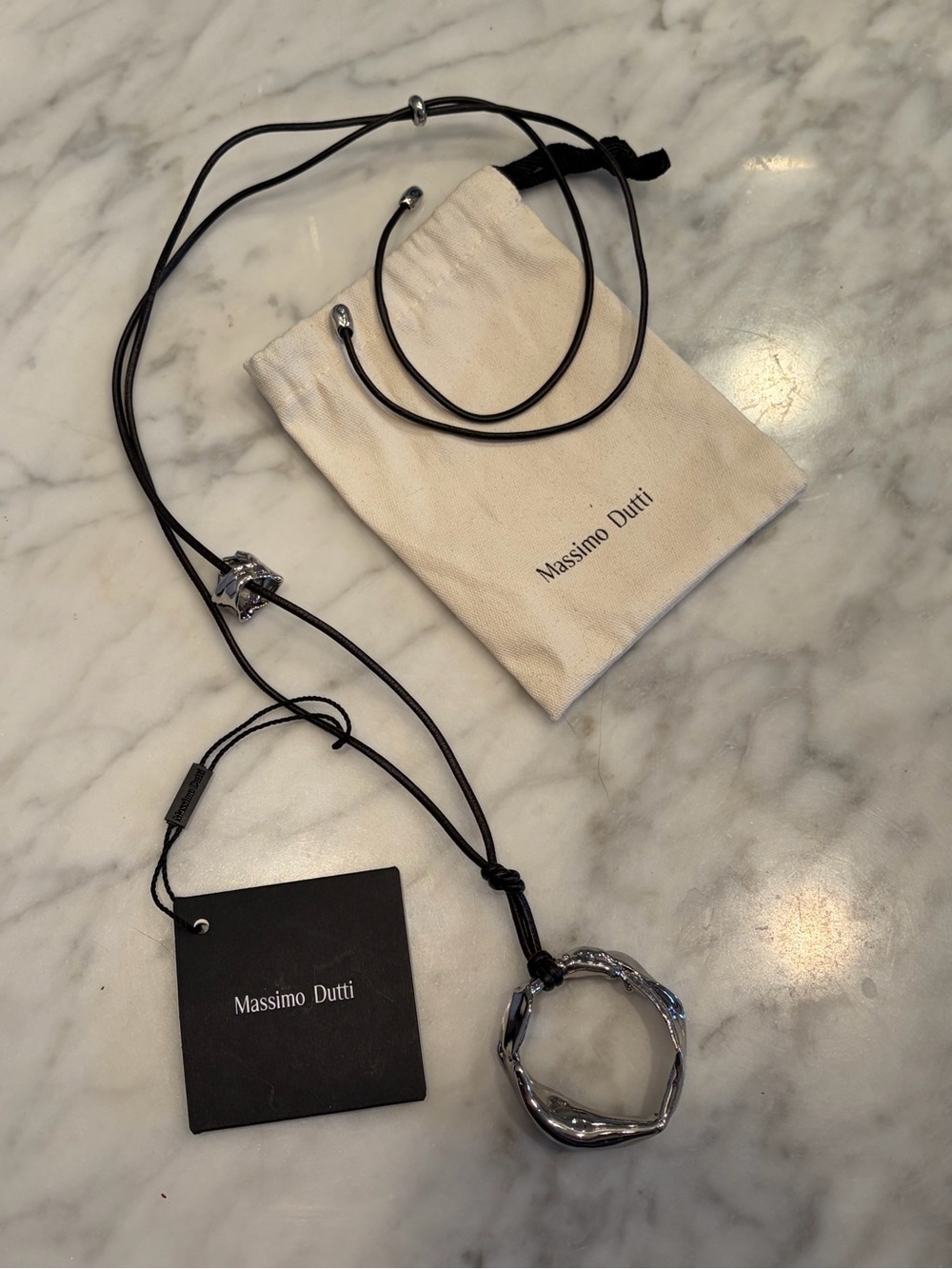 Massimo Dutti Black leather Cord Necklace with Silver Ring Pendant
